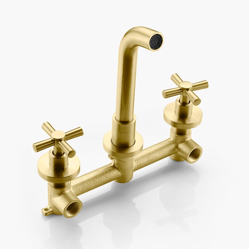 sumerain Brushed Brass Wall Mount Bathroom Faucet Two Cross Handles and Rough-in Valve Included,SUMERAIN - Image 4
